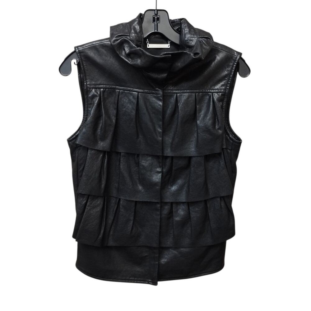 Diane Von Furstenberg Leather Ruffle Full Zip Vest XS Black Biker Moto Luxury